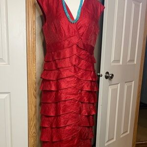 Jessica Howard Vibrant Red Layered Midi Dress EUC